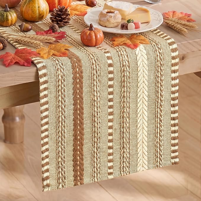 Artoid Mode Coffee Farmhouse Stripe Braided Table Runner 12x90 Inch | Holiday by ArtoidMode