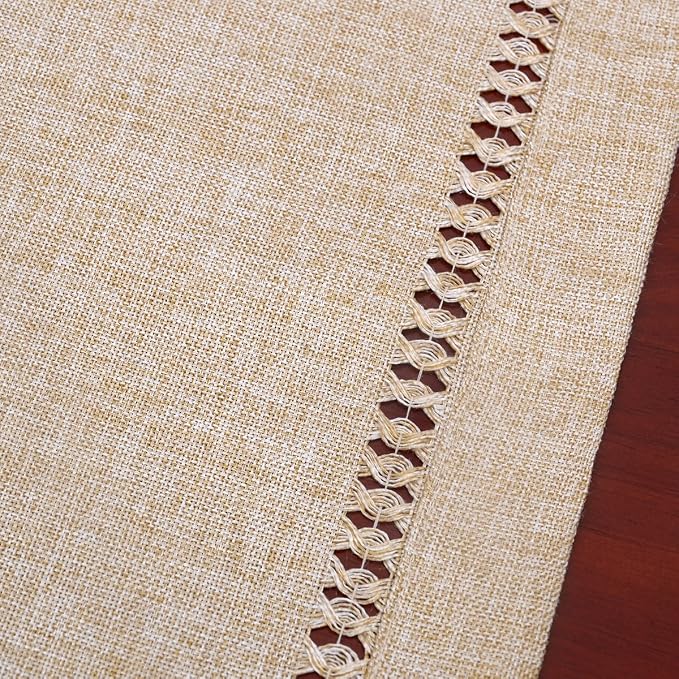 Grelucgo Large Handmade Hemstitch Beige Table Runner, Rectangular 14 by 132 Inch - Image 2