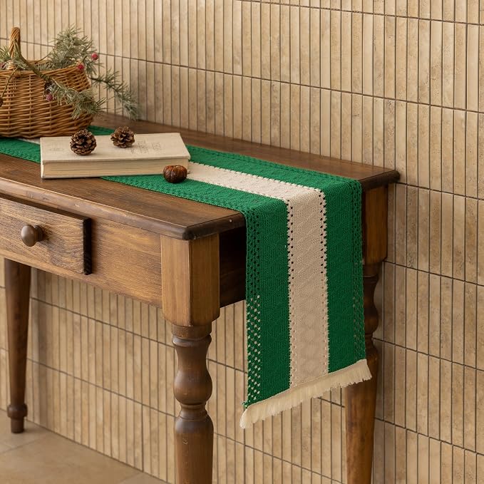 Keketoarrange Christmas Green Boho Table Runner 12x72 Inch | Woven Burlap - Image 6