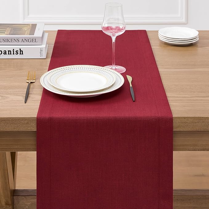 Linen Textured Border Table Runner, 14 x 36 Inch Red | Mitered Corner Design - Image 3