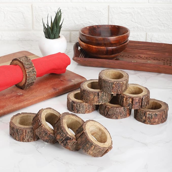 Ajuny Wooden Napkin Rings Set of 12 Handmade Bark Edge Table Decor 1.5 Inch | - Image 2