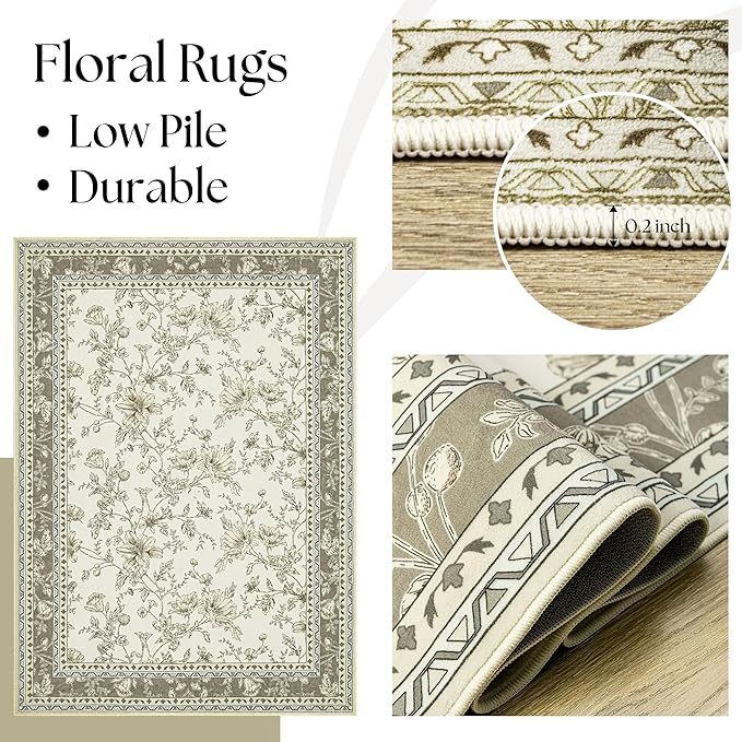 Greyish Beige Floral Rug 5x7 Machine Washable Area Rug - Image 5