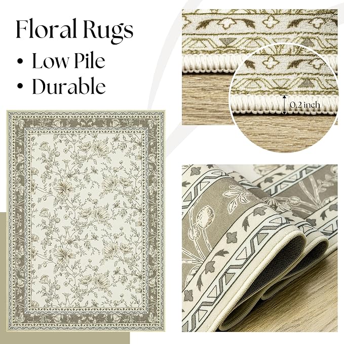 Beige Taupe Floral Area Rug for Entryway 2x3 Washable Small Rug Low Pile Non - Image 5