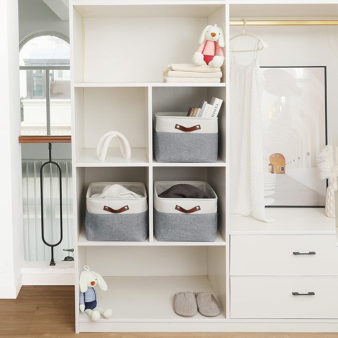 OrganiHaus Extra Large Fabric Storage Baskets for Shelves 3 Pack | 16x13in Closet Storage Bins for Shelves | Cloth Baskets for Organizing | Linen Closet Organizers | Fabric Storage Bin - Gray/White
