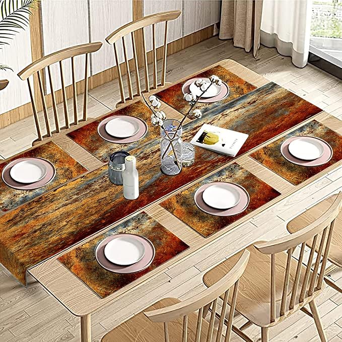 Brown Rust Table Runner and Place Mats Set of 6 Abstract Colorful Metal Steel - Image 6
