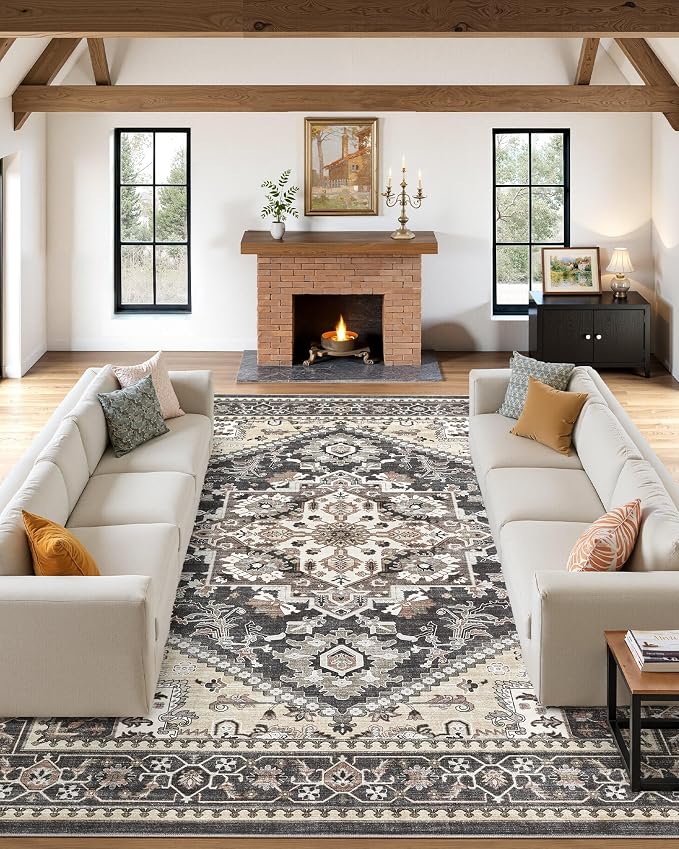 10x14 Vintage Area Rug: Washable Neutral Soft Non Slip Thin Large Floor Carpet by MICGEEK
