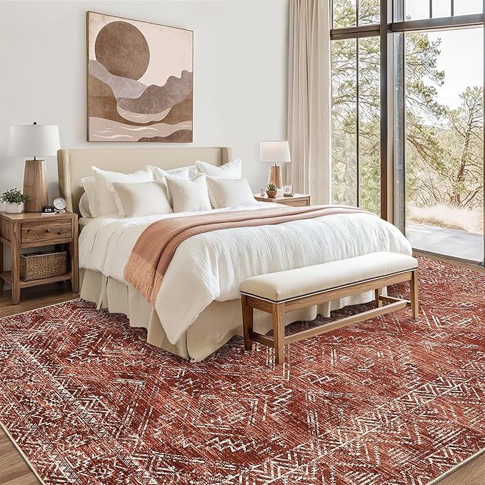 COZYLOOM 10x13 Area Rug Modern Indoor Area Rug Machine-Washable for Living Room or Bedroom Softness Foldable Mat for Easy Storage Geometric Design Non Slip Rug Stain Resistant Carpet, Brick Red