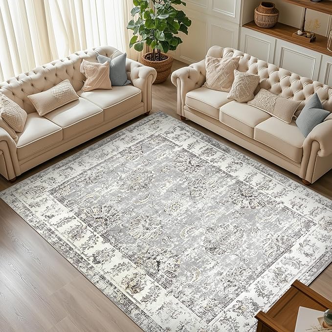 jinchan 9x12 Area Rugs for Living Room - Machine Washable Vintage Floral Distressed Design Stain Resistant Carpet Low Pile Non-Slip Large Rug for Bedroom Dining Room Home Office (9‘x12',Grey)