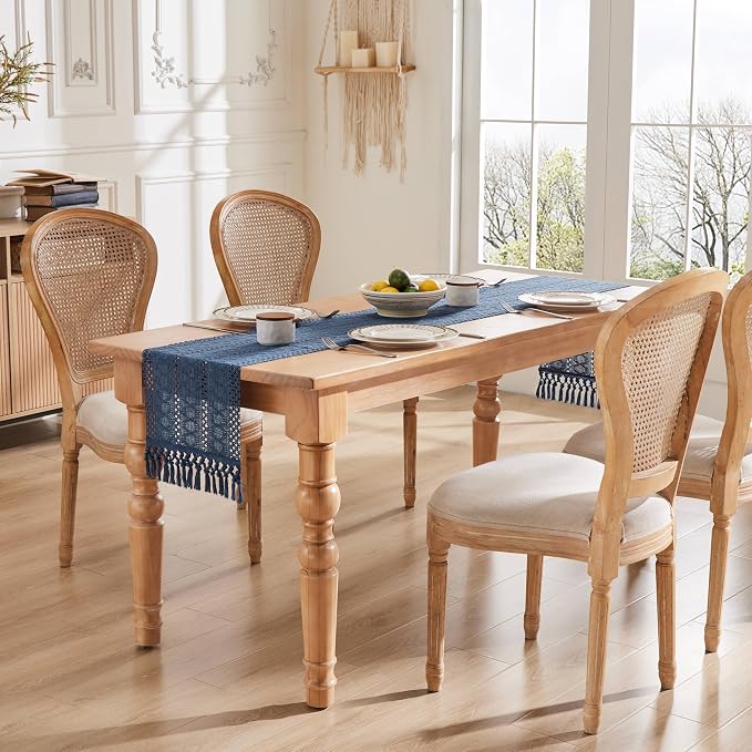 Macrame Style Boho Table Runner, 12x48 Inch Dusty Blue | Woven Boho Table Runner - Image 3
