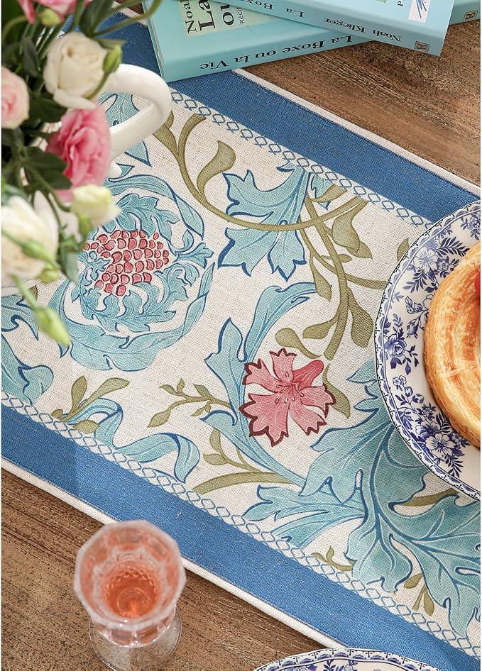 Patdrea Designer Vintage French Linen Table Runner, Elegant Blue Floral Pattern - Image 6
