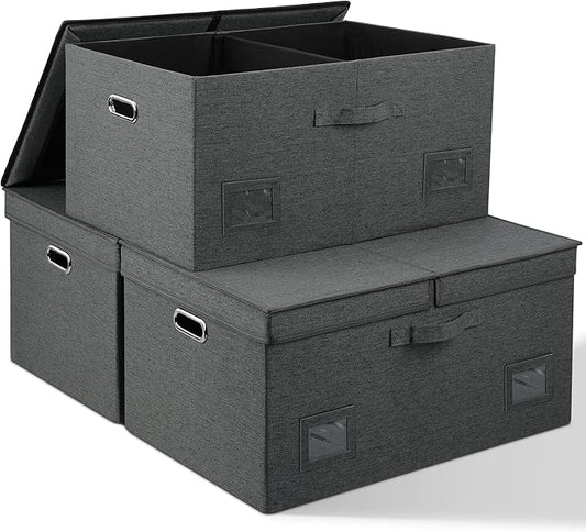 75 Quarts Extra Large Decorative Storage Bins with Lids, 3 Packs Dark Gray Collapsible Storage Bins with Lids, Stackable Storage Bins Decorative Box Storage With Lid Extra Large