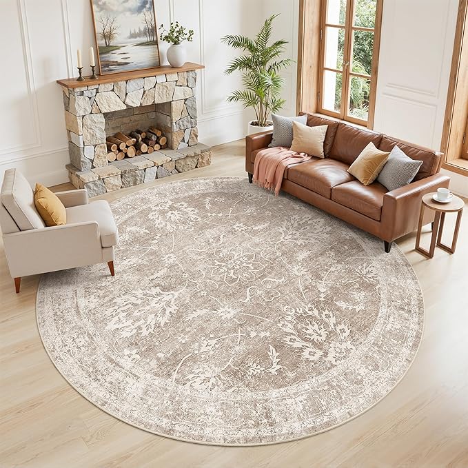 Madane Washable Round Rug 9ft for Living Room, Soft Ultra-Thin Non-Slip Vintage by Madane