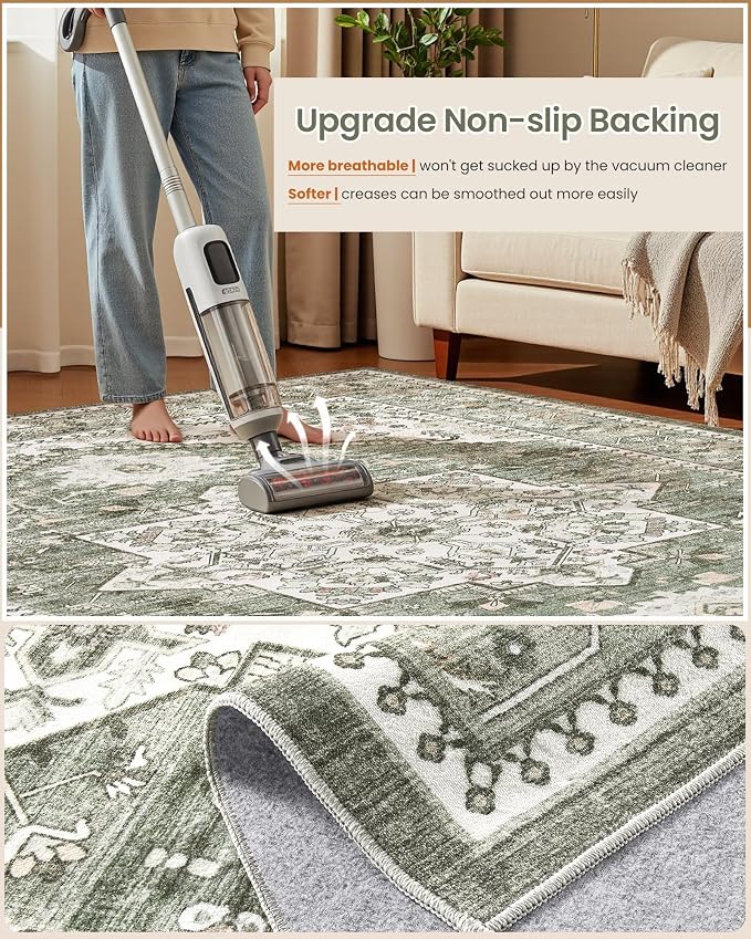 9x12 Vintage Area Rug: Washable Neutral Soft Non Slip Thin Large Floor Carpet - Image 6