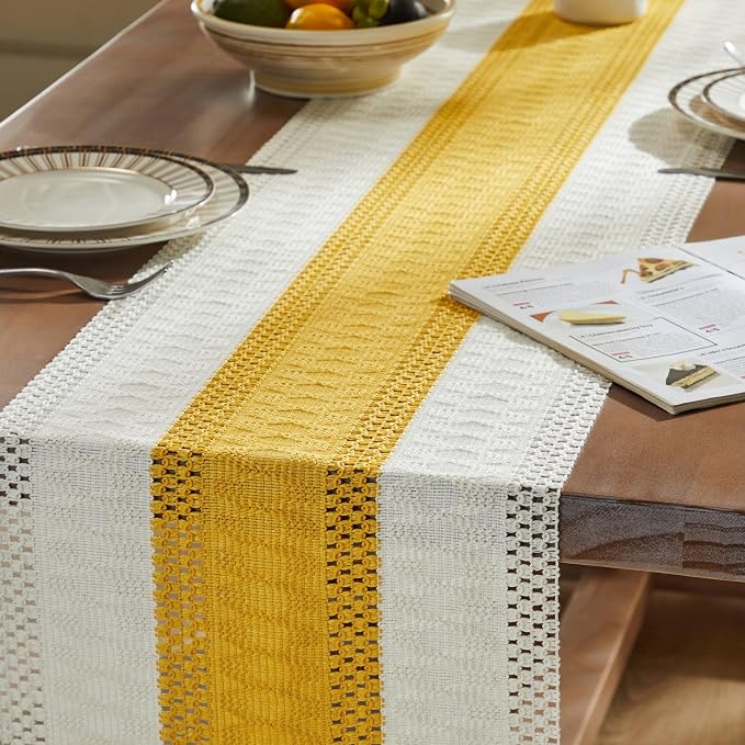 Macrame Style Bicolor Stitching Table Runner 14x108in Mustard | Woven Boho - Image 5