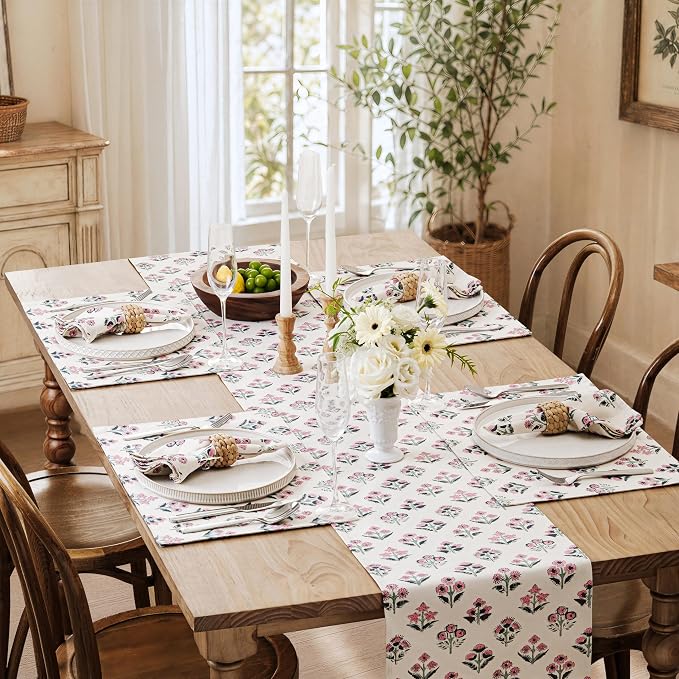 Block Print Floral Decorative Table Runners, 13x60 Inch Pink | 100% Organic - Image 7