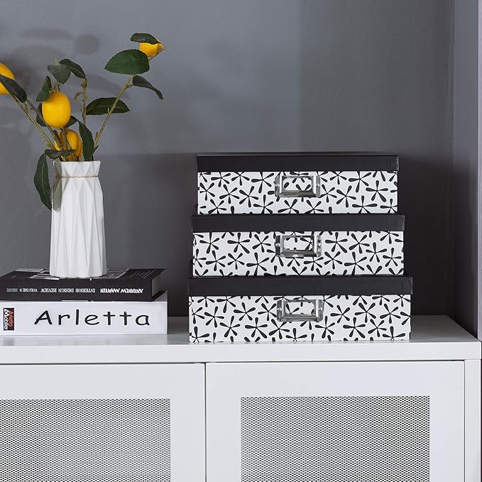 Soul & Lane Decorative Cardboard Storage Boxes With Lids for Home Décor, Set of 3 Nesting Black and White Photo Storage for Documents and Scrapbook Paper, Memory Boxes For Keepsakes
