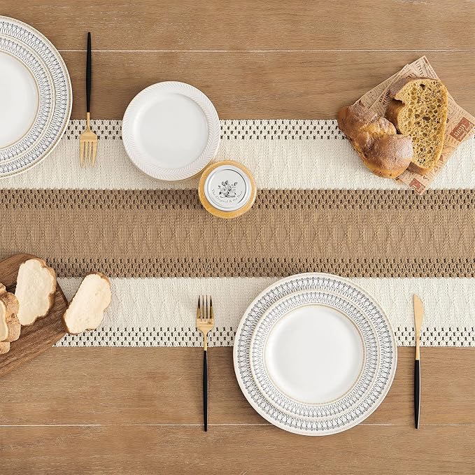 Macrame Style Bicolor Stitching Table Runner 14x72in Brown | Woven Boho Table - Image 4