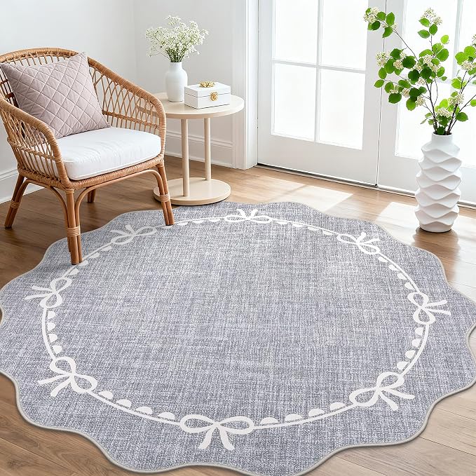GarveeHome Scalloped Bow Rug for Living Room, 5ft Round Rugs Washable Solid - Image 2