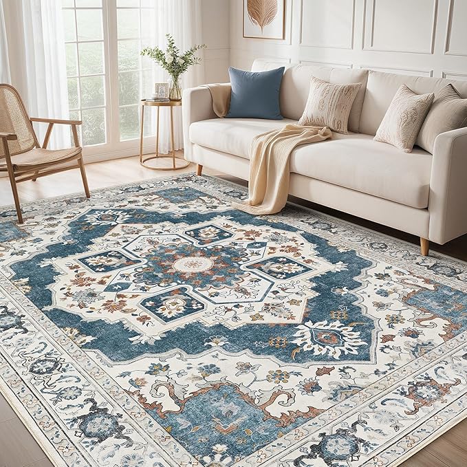 10x12 Washable Area Rug: Vintage Neutral Soft Non Slip Thin Large Floor Carpet by MICGEEK