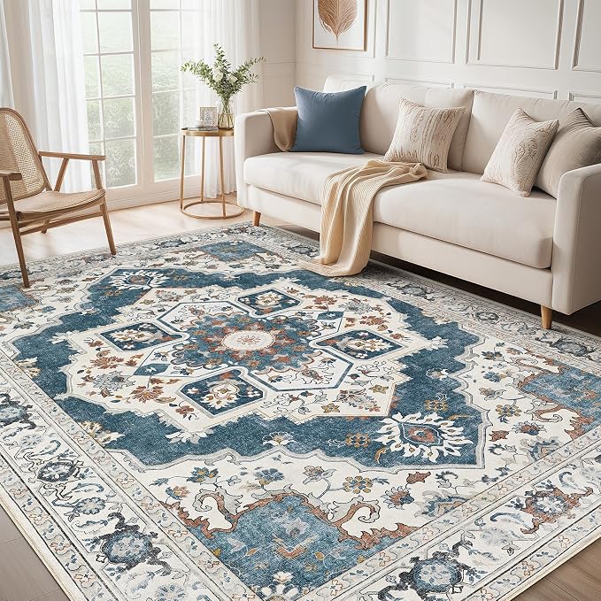 9x12 Washable Area Rug: Vintage Neutral Soft Non Slip Thin Large Floor Carpet by MICGEEK