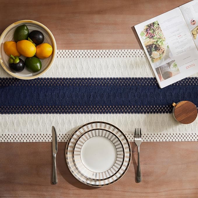 Macrame Style Bicolor Stitching Table Runner 14x108in Navy Blue | Woven Boho - Image 4