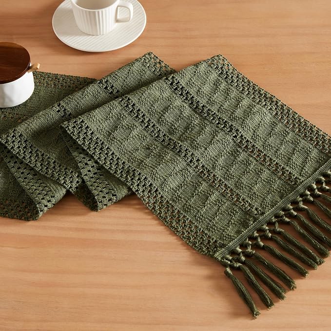 Macrame Style Boho Table Runner, 12x48 Inch Olive | Woven Boho Table Runner by ZEEMARTONLINE