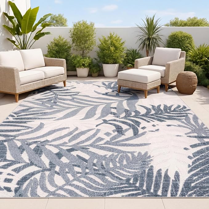 JONATHAN Y Tropics Palm Leaves Indoor Outdoor Area Rug 8X10 Cream/Dark Blue by JONATHANY