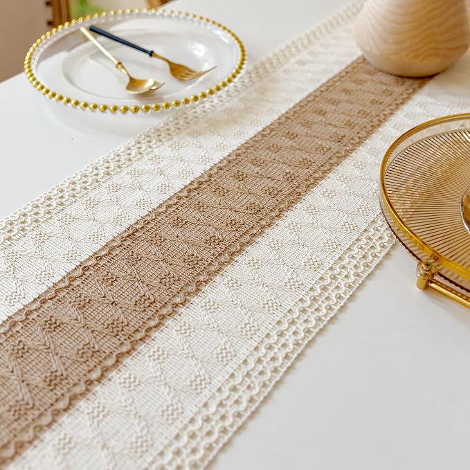 EMMTEEY Boho Table Runner with Tassels 72 Inches Long, Cream Brown | Handmade - Image 7