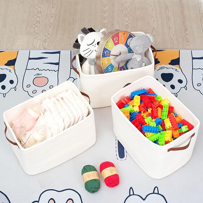 MINTWOOD Design 3-Pack Decorative Woven Storage Baskets for Shelves, Cube Bin Box for Organizing Books, Shoes, Dog Toys, Pantry Closet and Living Room Organizer, Creamy White