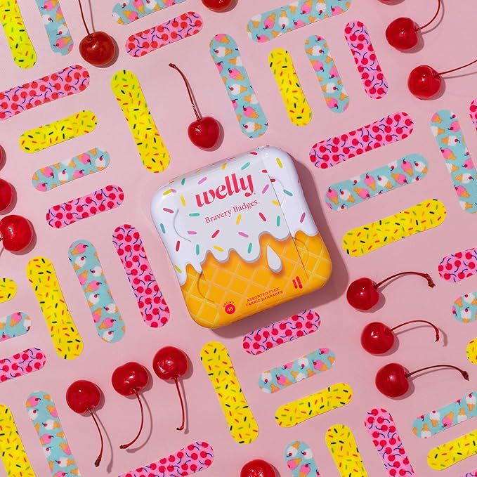 Welly Bandages | Adhesive Flexible Fabric Bravery Badges | Assorted Shapes for Minor Cuts, Scrapes, and Wounds | Colorful and Fun First Aid Tin | Ice Cream Patterns - 48 Count