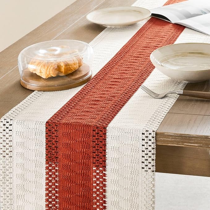 Macrame Style Bicolor Stitching Table Runner 14x108in Orange | Woven Boho Table - Image 4