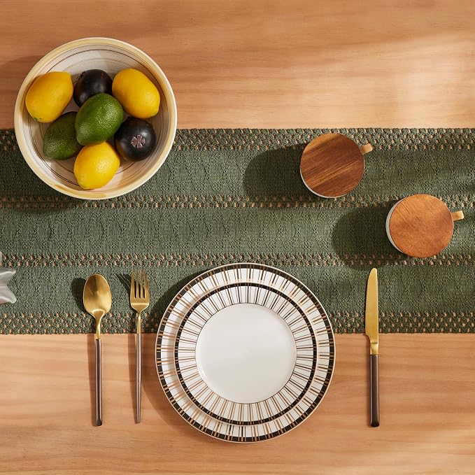 Macrame Style Boho Table Runner, 12x108 Inch Olive | Woven Boho Table Runner - Image 4