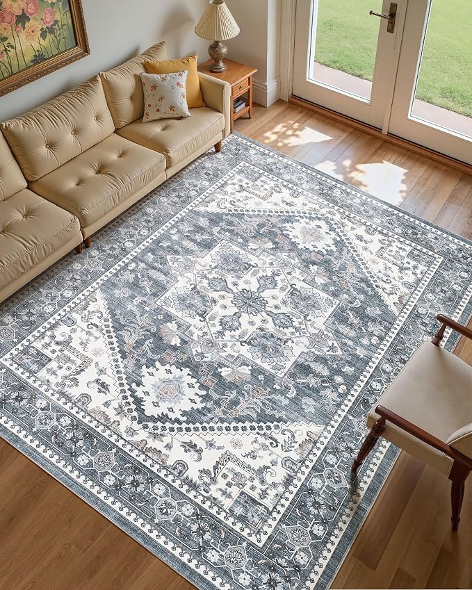 10x14 Vintage Area Rug: Washable Neutral Soft Non Slip Thin Large Floor Carpet - Image 2