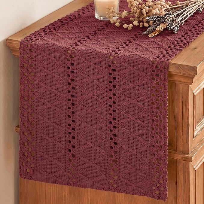 Artoid Mode Red Woven Farmhouse Hollow Table Runner 12x48 Inch | Holiday Rustic by ArtoidMode