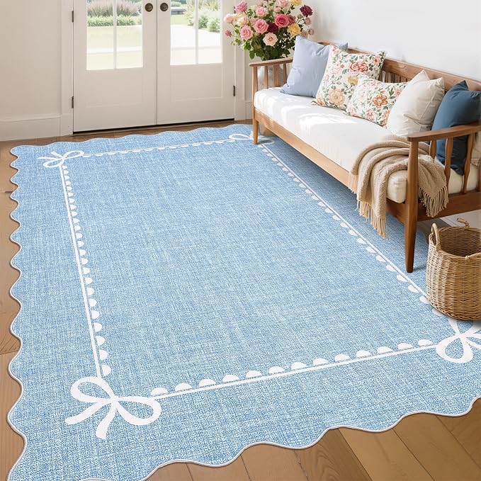 GarveeHome Scalloped Bow Rug for Living Room, Solid Blue Rug for Dorm, Washable by GarveeHome