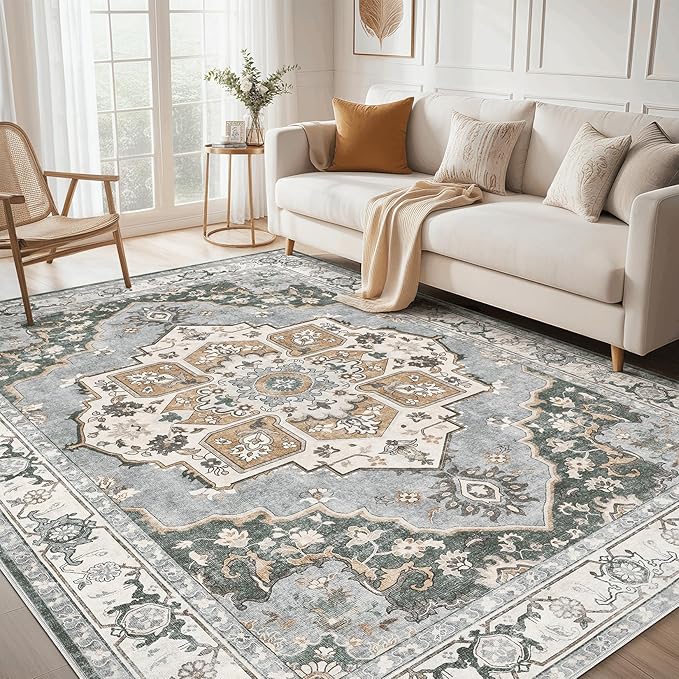 6x9 Washable Area Rug: Vintage Neutral Soft Non Slip Thin Large Floor Carpet by MICGEEK