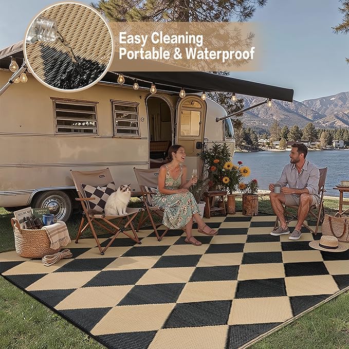 Outdoor Plastic Checkered Rug Waterproof Patio 5x8 Black Brown Diamond Geometry - Image 5