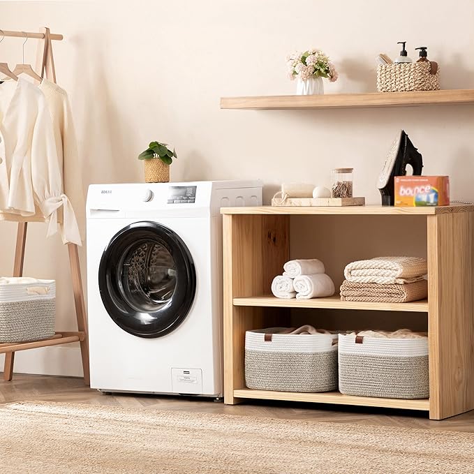 UBBCARE 4 Pack Baskets for Organizing, Woven Storage Baskets with Label for Toys and Towel, Rectangle Cotton Rope Basket with Handles, 15''L x10''W x9''H, White&Brown