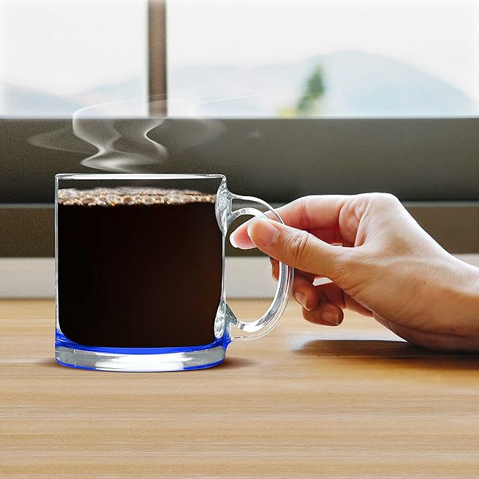 Libbey Clear Glass Coffee Mugs 13 oz. Set of 10, Bulk Pack - Perfect for Coffee, Tea, Espresso, Hot Cocoa, Other Beverages - Blue Bottom