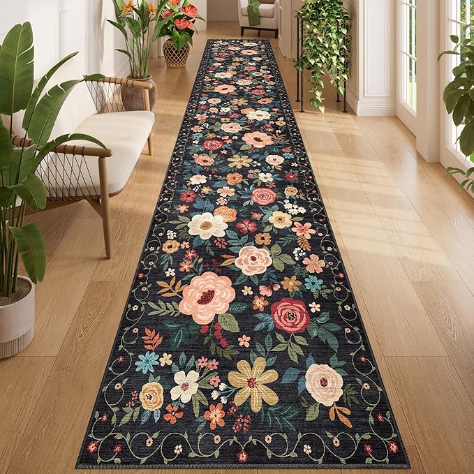 DUKINO 2.6x14 Kitchen Runner Rug, Lightweight Floral Washable Rug by DUKINO