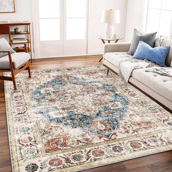 CHAMPLANT Washable Area Rug 9'x12' Beige Blue Boho Chic Medallion Distressed by CHAMPLANT