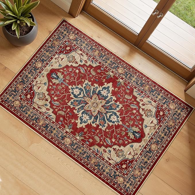 RELEANY Area Rugs Small 2'x3' Washable Non-Slip, Floral Vintage Distress by RELEANY