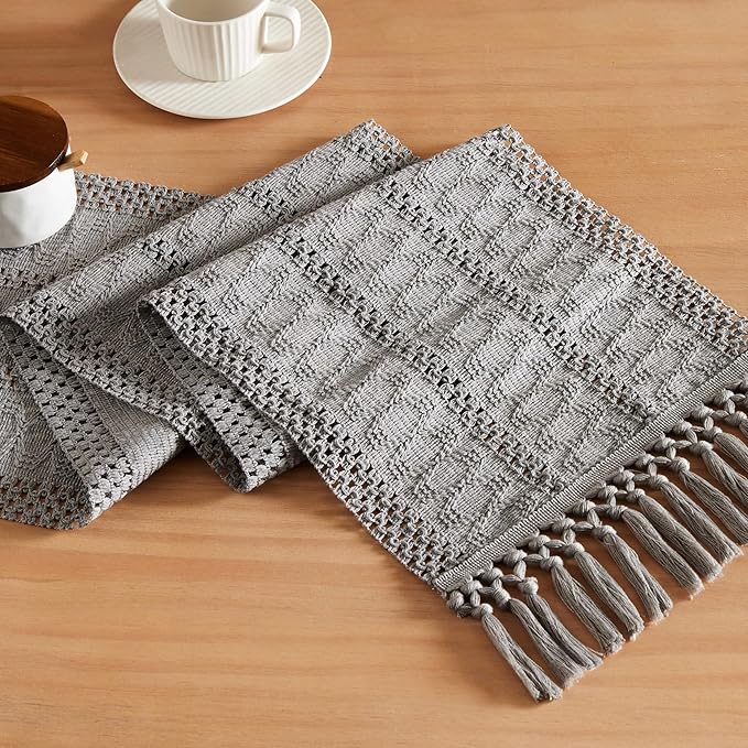 Macrame Style Boho Table Runner, 12x48 Inch Grey | Woven Boho Table Runner by ZEEMARTONLINE