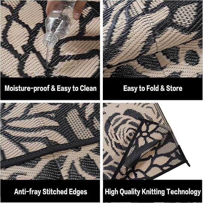 Outdoor Plastic Straw Rug Waterproof Patio 9x12 Black Brown Floral Mat - Image 8