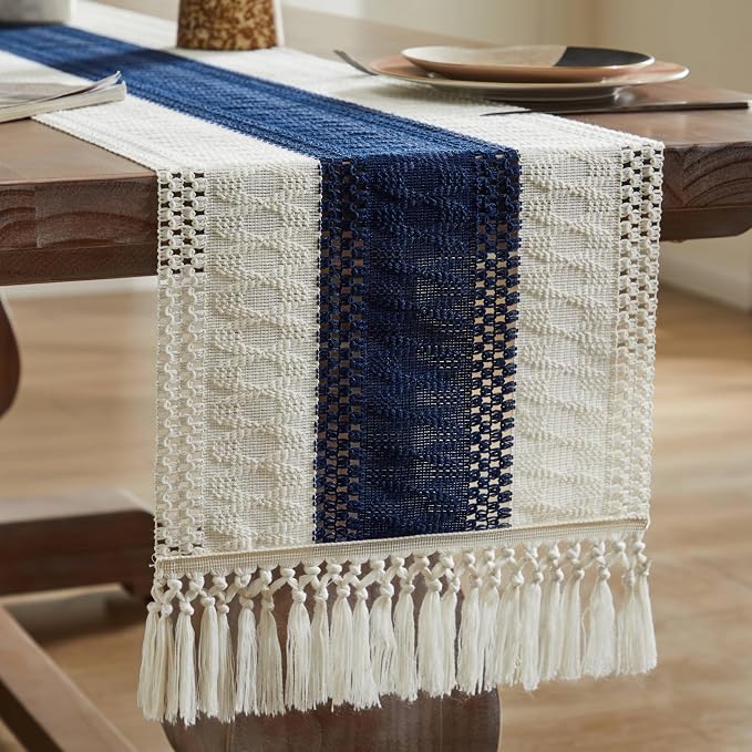 Macrame Style Bicolor Stitching Table Runner 14x108in Navy Blue | Woven Boho - Image 7