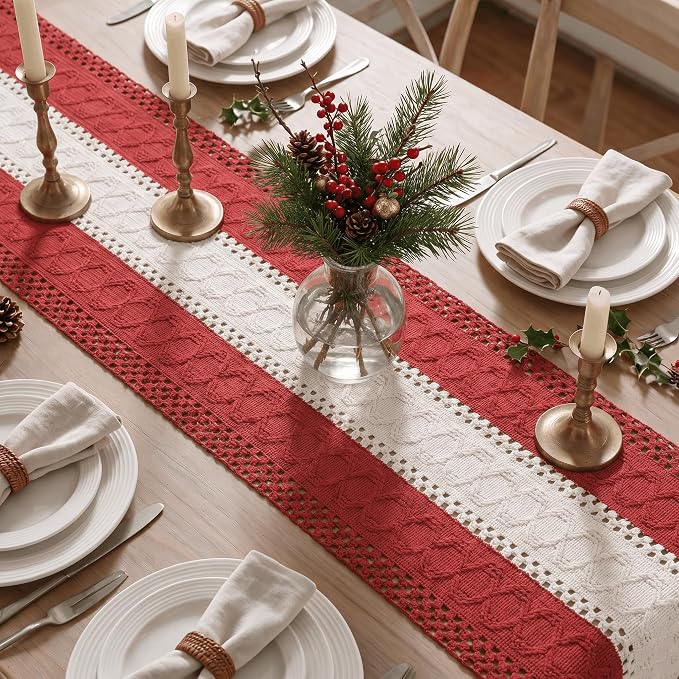 Artoid Mode Rose Red Farmhouse Woven Table Runner 12x36 Inch | Holiday Rustic - Image 3