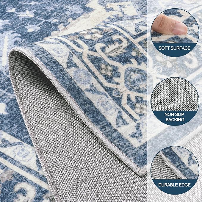 8x10 Area Rugs for Living Room:Blue Washable Vintage Medallion Boho Rug - Image 8