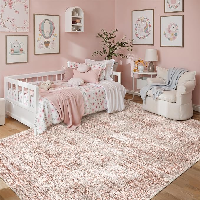 Soalmost 5x7 Area Rugs Pink Low Pile Indoor Washable Trendy Faded Style Rugs by Soalmost