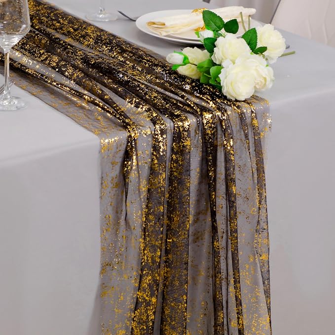 Snowkingdom 3 Pcs Black Gold Gauze Table Runner 10 FT 120 Inch, Sparkle Sheer by Snowkingdom