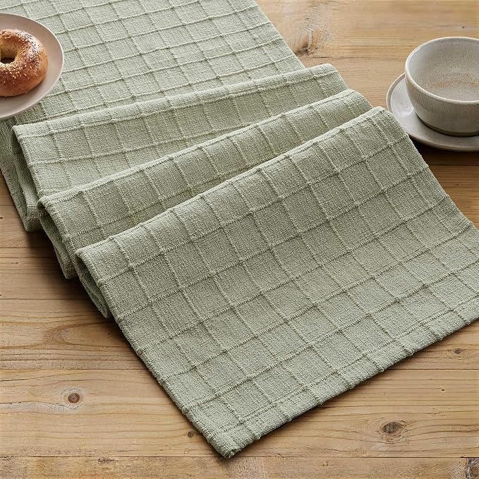 Artisanal Grid Linen Table Runner, 13x108 Inches Seeding Green | Heavy Textured - Image 2